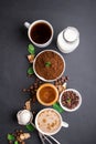 Mushroom Chaga Coffee Superfood Trend-dry and fresh mushrooms and coffee beans on dark background with mint. Coffee break