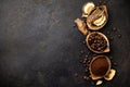 Mushroom Chaga Coffee Superfood Trend-dry and fresh mushrooms and coffee beans on dark background