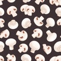 Mushroom champignon seamless pattern vector illustration on black brown background, wrapping paper, textile print