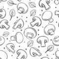 Mushroom champignon seamless pattern, vector outline hand drawn monochrome contour illustration, wrapping paper