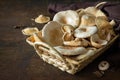 Mushroom Chanterelle over Wooden Background. Royalty Free Stock Photo