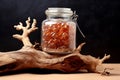 Mushroom chewable vitamins in a glass jar on a dry branch