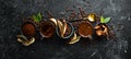 Mushroom coffee in a cup and coffee beans, trendy drink on a black stone background.