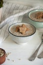 Mushroom cream soup with bread crumbs in two deep bowls Royalty Free Stock Photo
