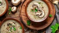 Mushroom cream soup in ceramic bowls on rustic wooden table Royalty Free Stock Photo