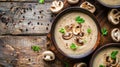 Mushroom cream soup in ceramic bowls on rustic wooden table Royalty Free Stock Photo