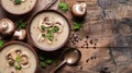 Mushroom cream soup in ceramic bowls on rustic wooden table Royalty Free Stock Photo