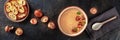 Mushroom cream soup panorama with various mushrooms and toasted bread Royalty Free Stock Photo