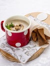 Mushroom cream soup with sausages and croutons Royalty Free Stock Photo