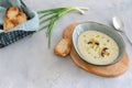 Mushroom cream soup with cream, toasts and shallot in a bowl on gray background. Delicious healthy food, dieting, keto diet. Menu Royalty Free Stock Photo