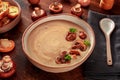 Mushroom cream soup with various mushrooms and toasted bread Royalty Free Stock Photo