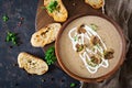 Mushroom cream soup. Vegan food. Dietary menu. Top view. Royalty Free Stock Photo