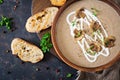 Mushroom cream soup. Vegan food. Dietary menu. Top view Royalty Free Stock Photo