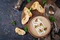 Mushroom cream soup. Vegan food. Dietary menu. Top view Royalty Free Stock Photo