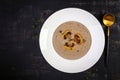 Mushroom cream soup. Vegan food. Dietary menu. Top view, flat lay Royalty Free Stock Photo