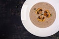 Mushroom cream soup. Vegan food. Dietary menu. Top view, flat lay Royalty Free Stock Photo