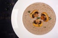 Mushroom cream soup. Vegan food. Dietary menu. Top view, flat lay Royalty Free Stock Photo