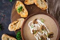 Mushroom cream soup. Vegan food. Dietary menu. Top view. Royalty Free Stock Photo