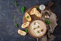 Mushroom cream soup. Vegan food. Dietary menu. Top view. Royalty Free Stock Photo