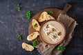 Mushroom cream soup. Vegan food. Dietary menu. Top view. Royalty Free Stock Photo