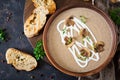 Mushroom cream soup. Vegan food. Dietary menu. Top view. Royalty Free Stock Photo