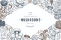 Mushroom design template. Hand drawn vector food illustration. Engraved style. Vintage mushrooms different kinds background