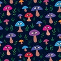 Magical trippy mushroom with eyes and leaves over dark background.