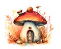 Watercolor Fairy Mushroom House in autumn