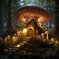 Mushroom fairy house in an enchanted forest