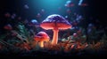 Mushroom. Fantasy Glowing Mushrooms in mystery dark forest close-up. Beautiful macro shot of magic mushroom, fungus Royalty Free Stock Photo
