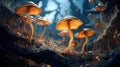 Mushroom. Fantasy Glowing Mushrooms in mystery dark forest close-up. Beautiful macro shot of magic mushroom, fungus