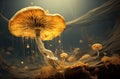 Mushroom. Fantasy Glowing Mushrooms in mystery dark forest close-up. Beautiful macro shot of magic mushroom, fungus Royalty Free Stock Photo