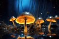 Mushroom. Fantasy Glowing Mushrooms in mystery dark forest close-up. Beautiful macro shot of magic mushroom, fungus