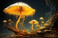 Mushroom. Fantasy Glowing Mushrooms in mystery dark forest close-up. Beautiful macro shot of magic mushroom, fungus Royalty Free Stock Photo