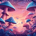 mushroom forest in a fairytale land with huge blue and pink mushrooms.