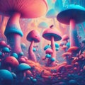 mushroom forest in a fairytale land with huge pink and blue mushrooms and small bugs going down.