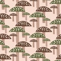 Mushroom forest hand drawn vector illustration. Fly agaric in flat style. Colorful amanita seamless pattern.