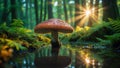 Enchanted Forest Mushroom with Sun Rays Reflection in Water Royalty Free Stock Photo
