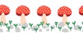 Mushroom fungi red white seamless vector border. Cute mushrooms plants horizontal repeating pattern. Nature texture for Royalty Free Stock Photo