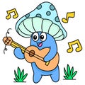 mushroom with a funny face smiling while singing a song wearing a guitar doodle icon image kawaii