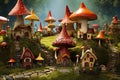 Mushroom garden with houses and trees in the middle of the forest, A delightfully eccentric gnome village set in a mushroom field Royalty Free Stock Photo