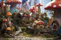 Mushroom garden with miniature houses and mushrooms, close-up, A delightfully eccentric gnome village set in a mushroom field, AI