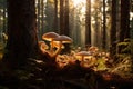 Mushroom growing in forest lit by setting warm sunrays