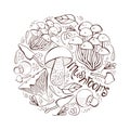 Mushroom hand drawn vector illustration. Set Isolated sketch food drawing into a circle. Mushrooms, morels, truffles, porcini Royalty Free Stock Photo