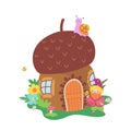 Mushroom house and dwarf, snail and bird. Cartoon magic childrens print, fantasy fairy tale forest vector composition