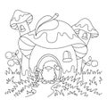 Mushroom house and garden gnome. Coloring book page for kids. Cartoon style character. Vector illustration isolated on white Royalty Free Stock Photo