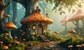 A mushroom house is surrounded by a forest of mushrooms. The house is made of wood and has a door and windows. The mushr Royalty Free Stock Photo