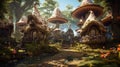 Mushroom houses, a fabulous magical forest village of fairies and gnomes. Fantasy illustration. Generative AI Royalty Free Stock Photo