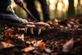 Mushroom hunter collecting fresh, organic wild mushrooms in the enchanting autumn forest Royalty Free Stock Photo