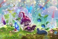 Mushroom in magic forest with fantasy wild animals in summer garden landscape sings a song among the trees, butterflies, sunlight